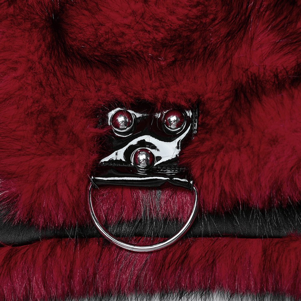 Punk Wine Red Faux Fur Short Jacket with Patent Accents