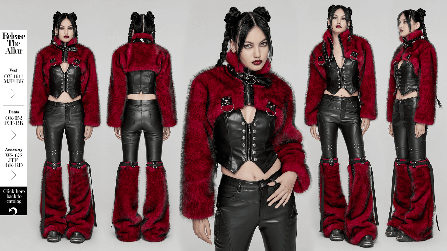Punk Wine Red Faux Fur Short Jacket with Patent Accents