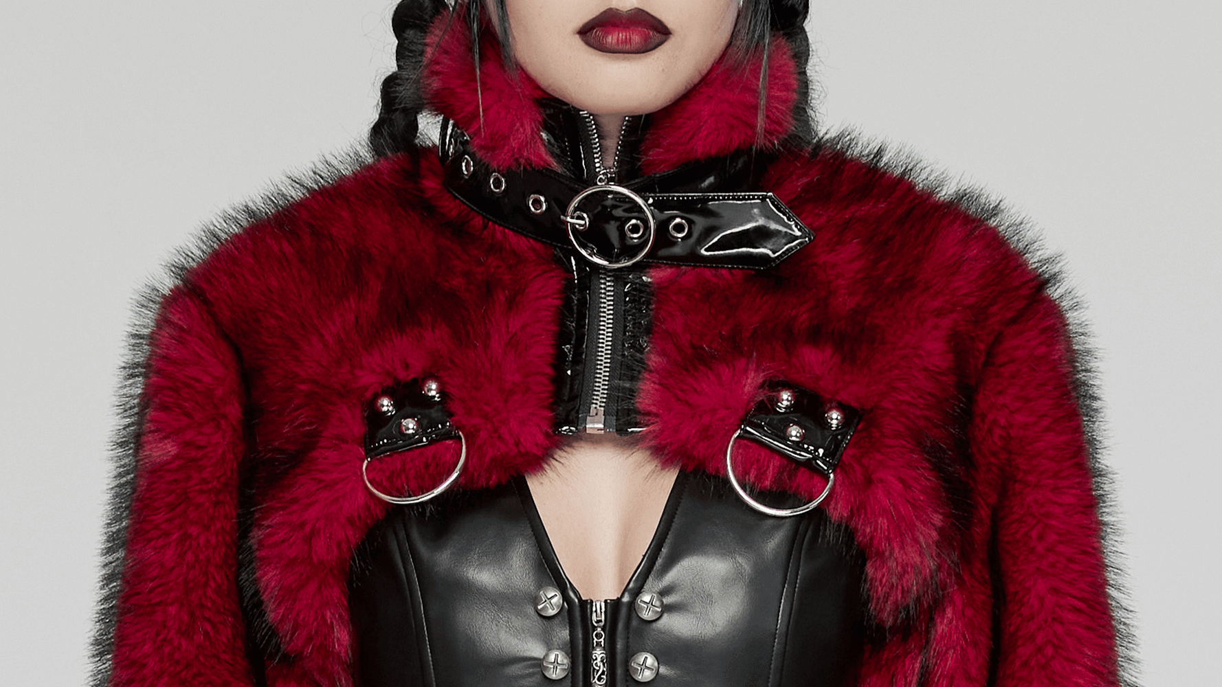 Punk Wine Red Faux Fur Short Jacket with Patent Accents