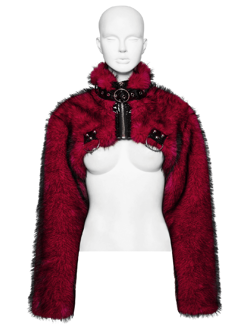 Punk Wine Red Faux Fur Short Jacket with Patent Accents