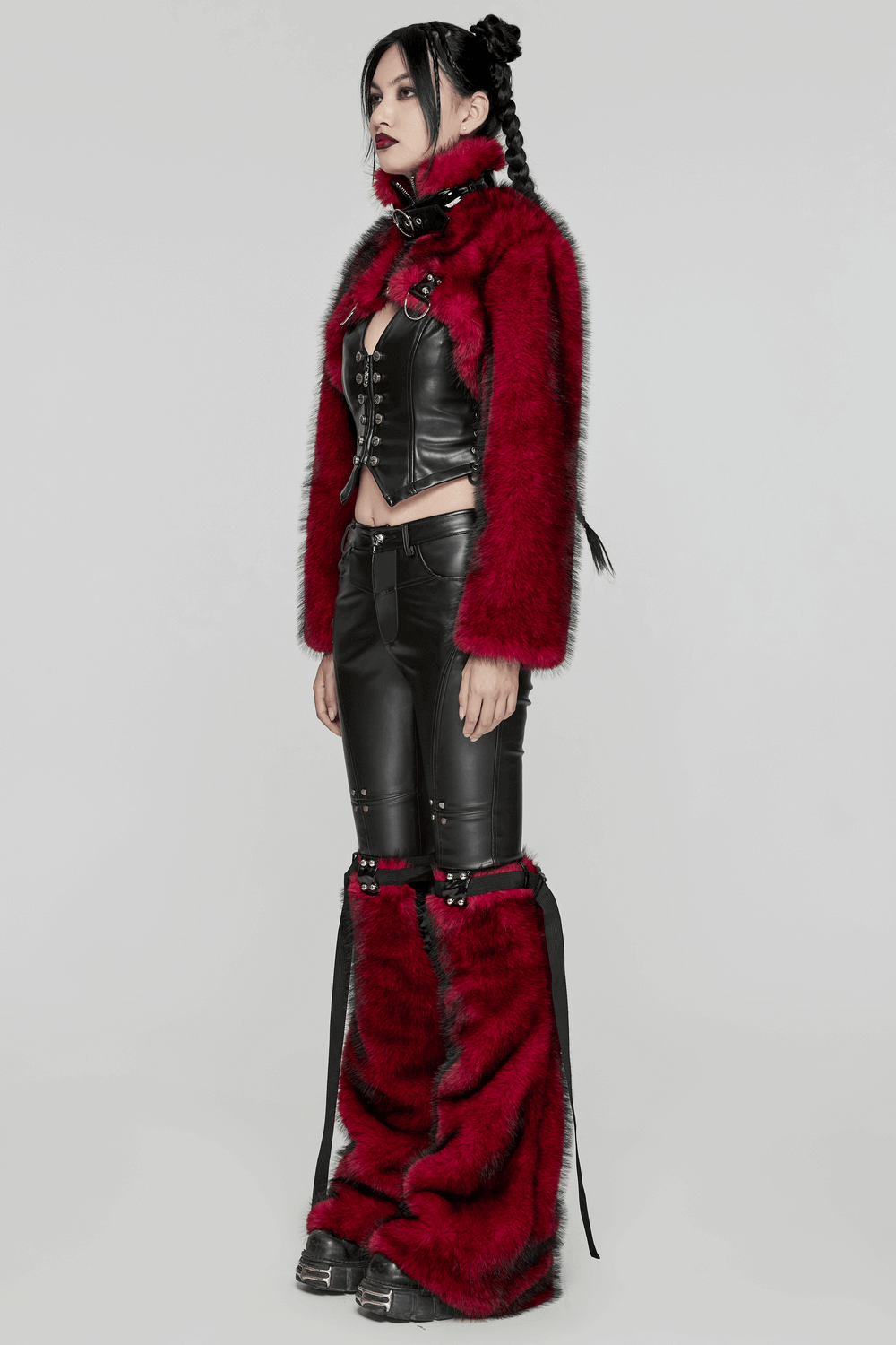 Punk Wine Red Faux Fur Short Jacket with Patent Accents