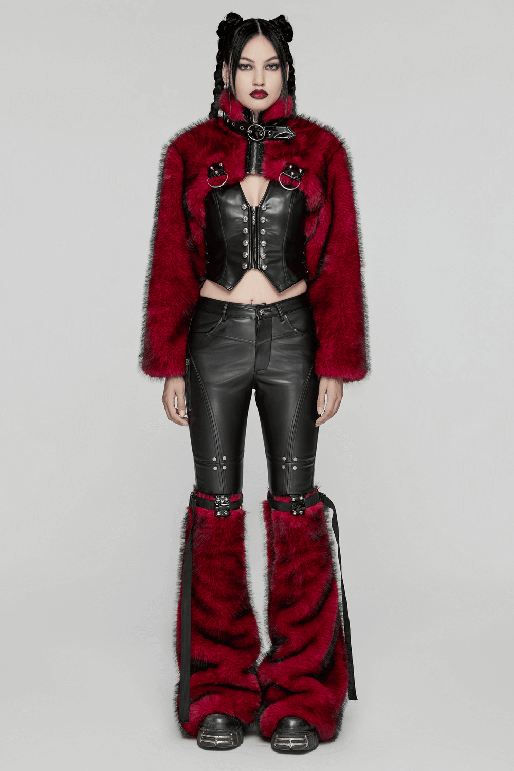 Punk Wine Red Faux Fur Short Jacket with Patent Accents