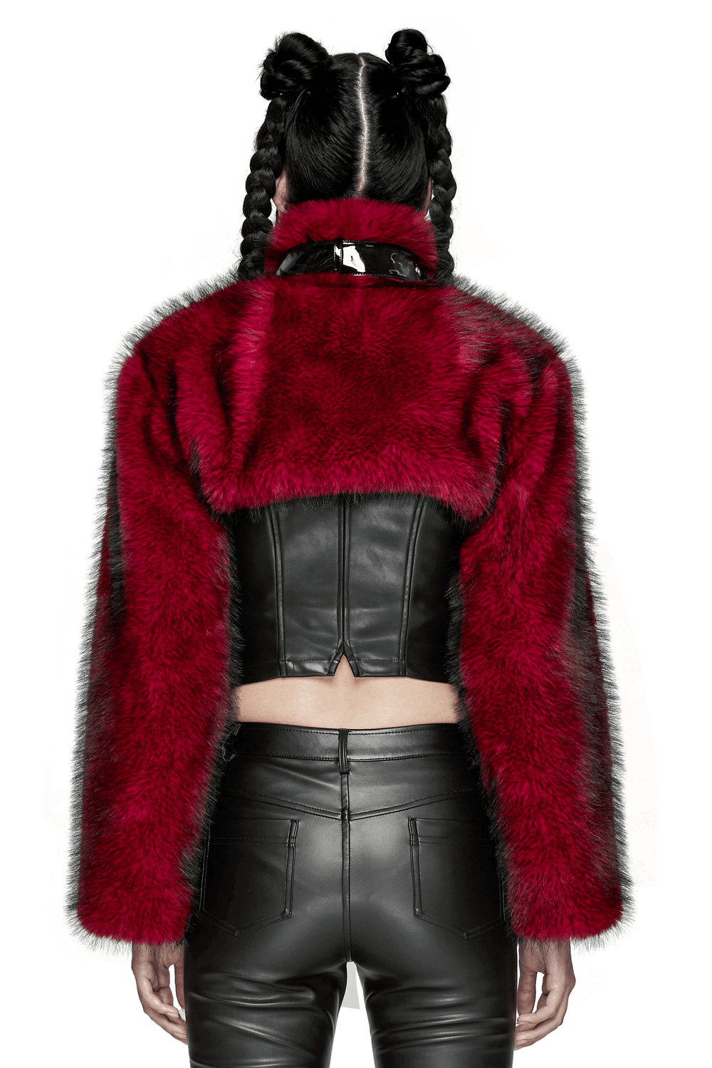 Punk Wine Red Faux Fur Short Jacket with Patent Accents