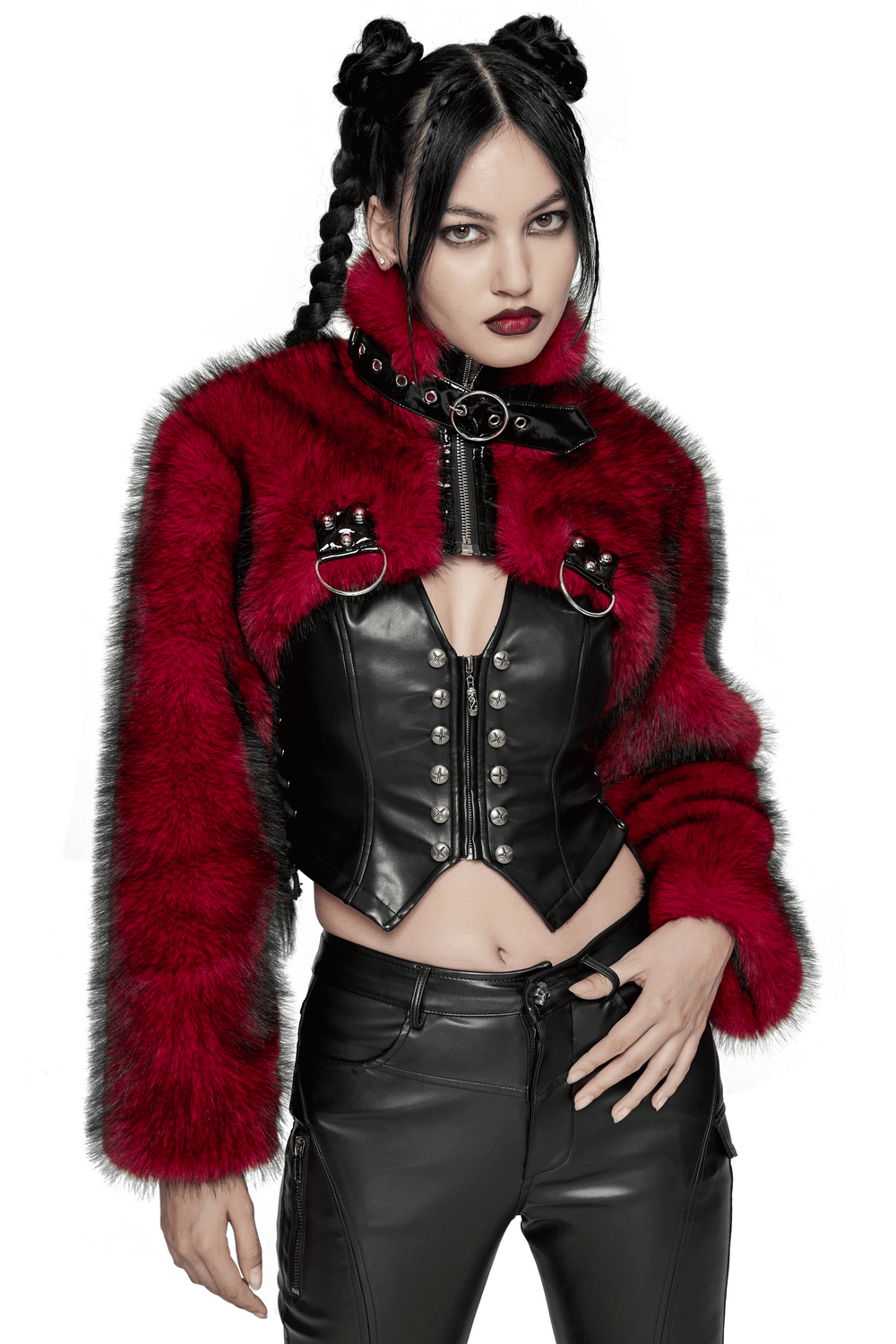 Punk Wine Red Faux Fur Short Jacket with Patent Accents