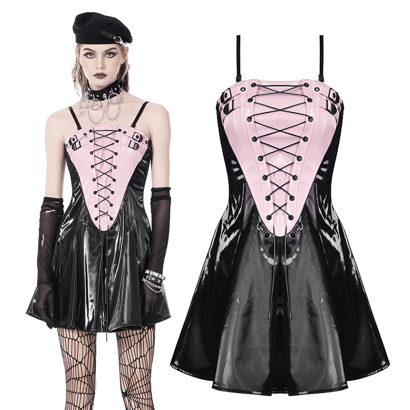Punk Women's Glossy Lace-Up Mini Dress with Buckles