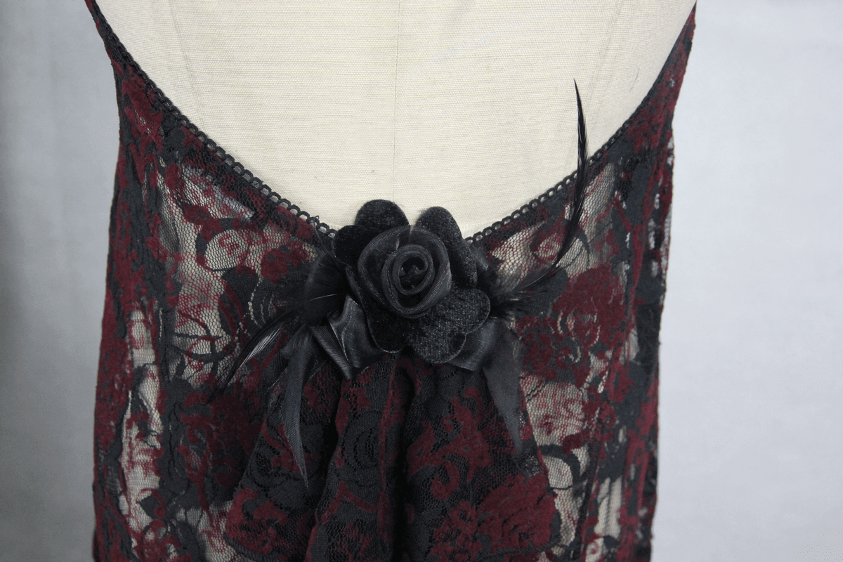 Red and Black Asymmetric Night Dress / Rose Embroidered Top