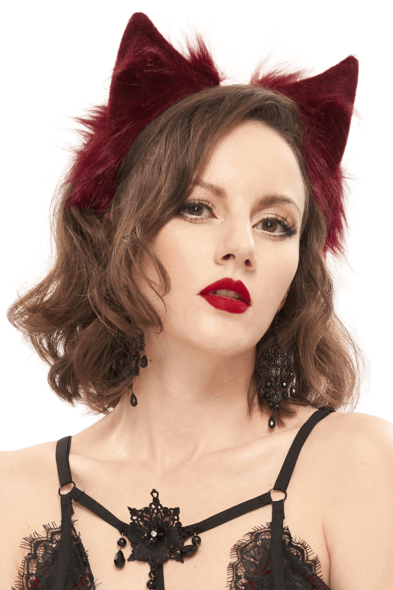 Red Faux Fur Cat Ear Headdress: Gothic Headwear for Women