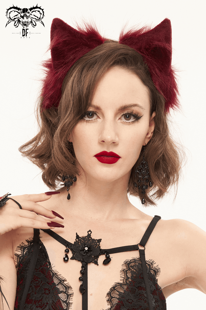 Red Faux Fur Cat Ear Headdress: Gothic Headwear for Women