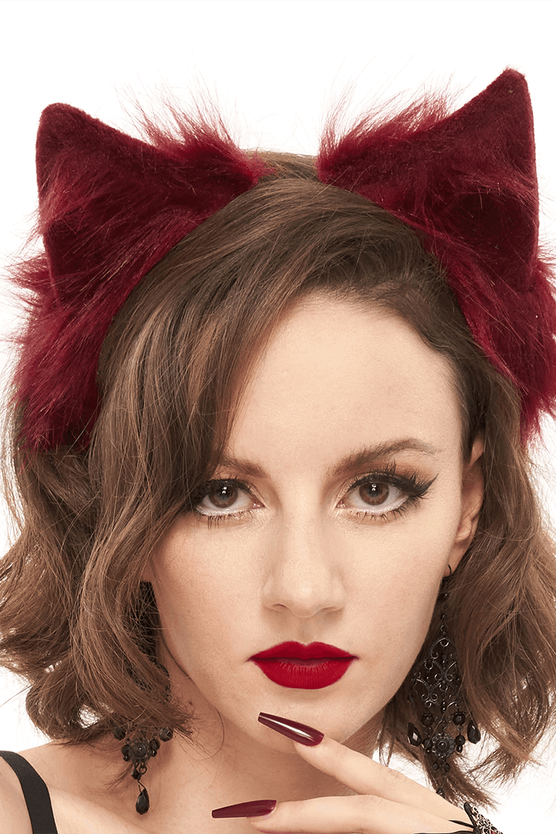 Red Faux Fur Cat Ear Headdress: Gothic Headwear for Women