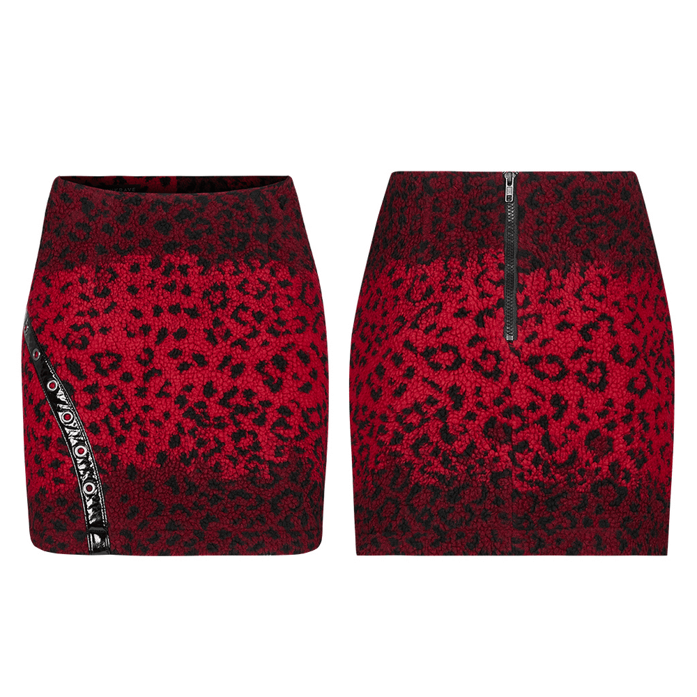 Red Leopard Punk Mini Skirt Featuring Eyelet Zippers