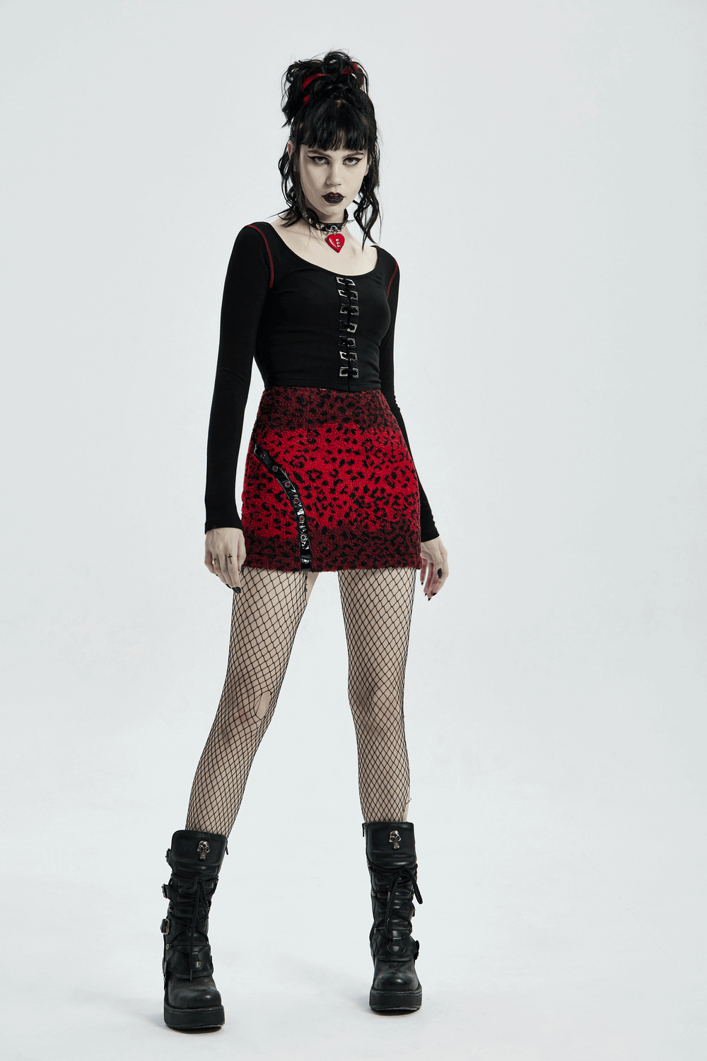 Red Leopard Punk Mini Skirt Featuring Eyelet Zippers