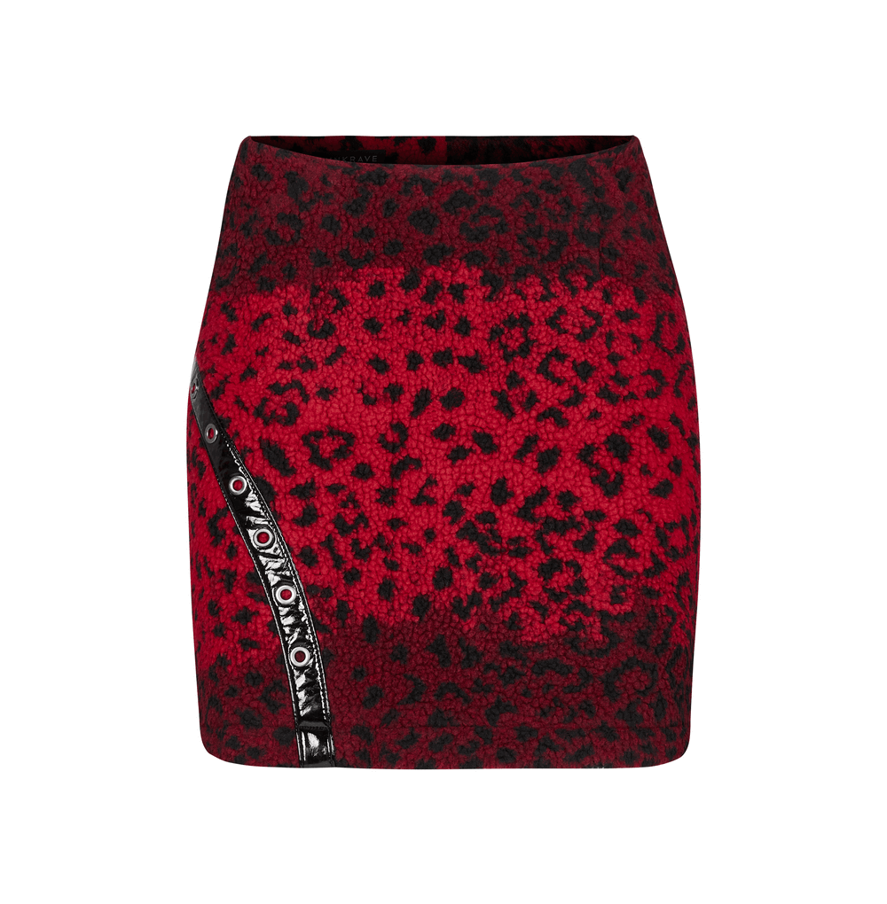 Red Leopard Punk Mini Skirt Featuring Eyelet Zippers
