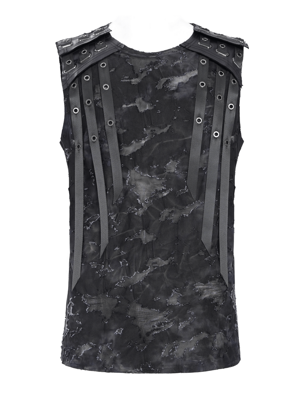 Ripped Black Sleeveless Top with Eyelet Strap Accents