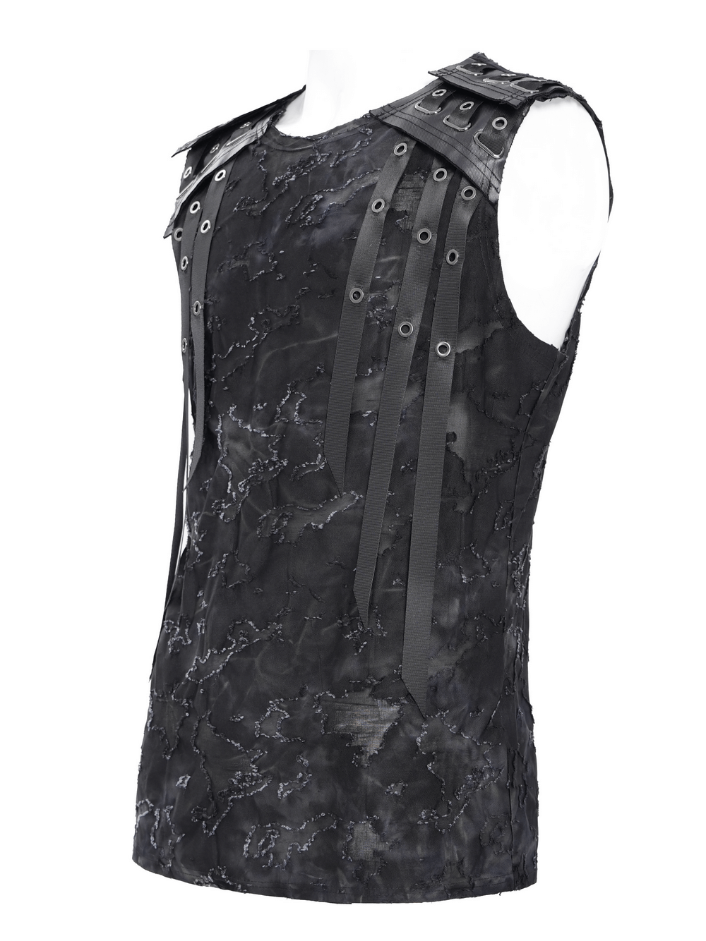 Ripped Black Sleeveless Top with Eyelet Strap Accents