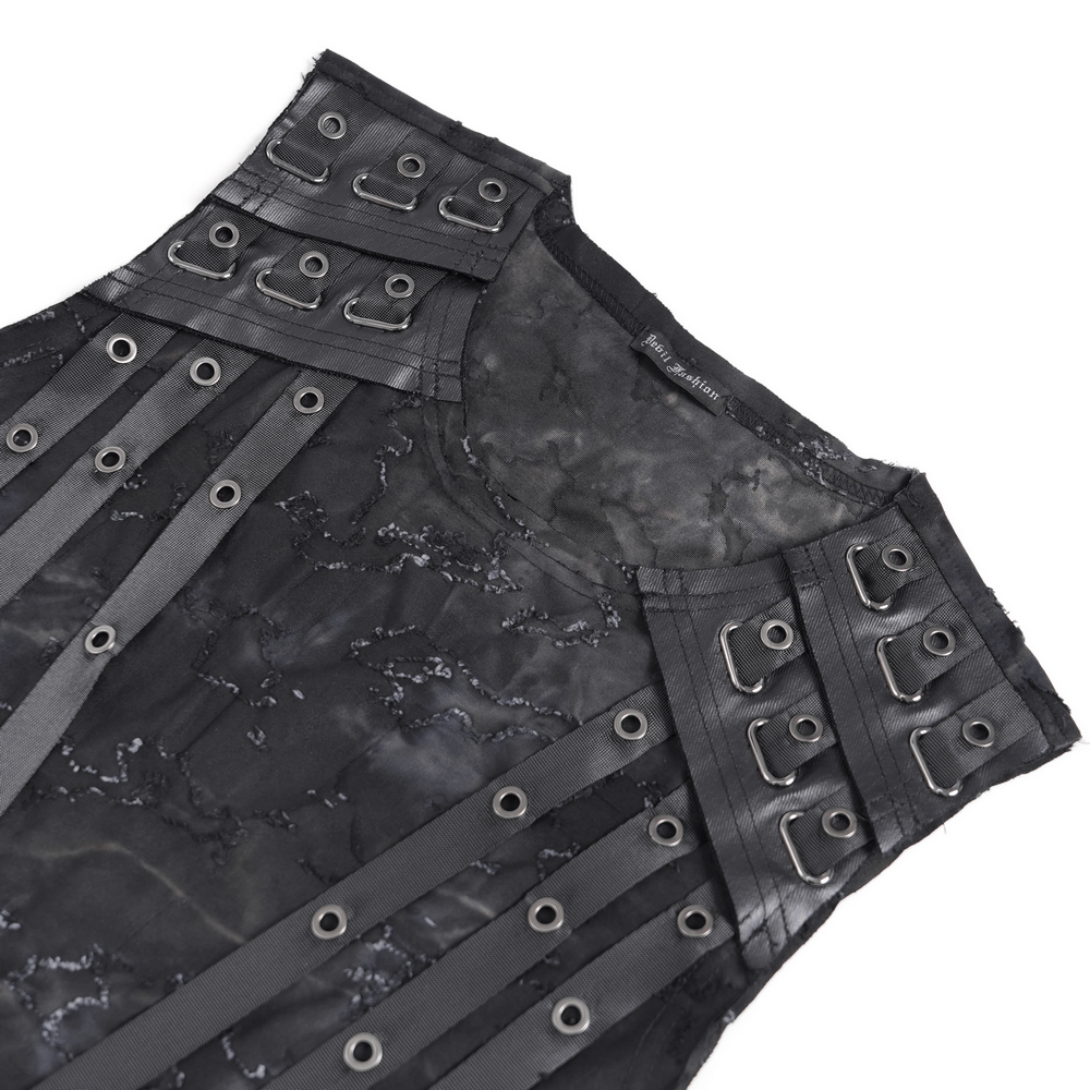 Ripped Black Sleeveless Top with Eyelet Strap Accents