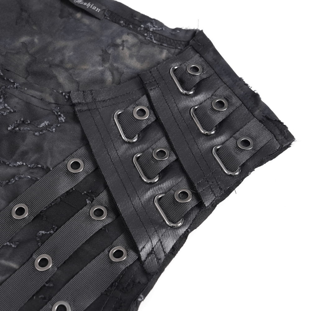 Ripped Black Sleeveless Top with Eyelet Strap Accents