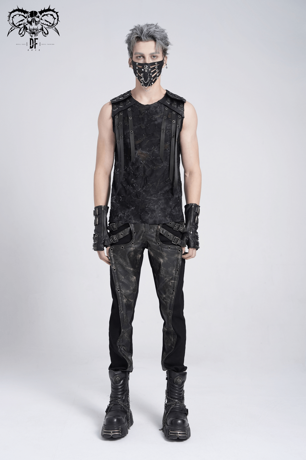 Ripped Black Sleeveless Top with Eyelet Strap Accents