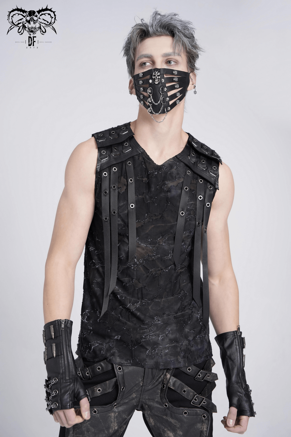 Ripped Black Sleeveless Top with Eyelet Strap Accents