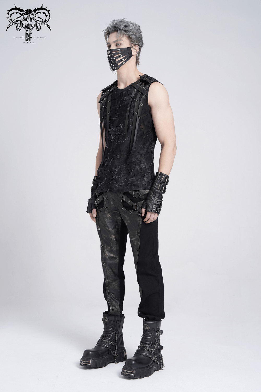 Ripped Black Sleeveless Top with Eyelet Strap Accents