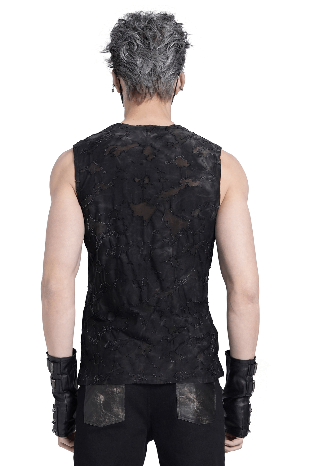 Ripped Black Sleeveless Top with Eyelet Strap Accents