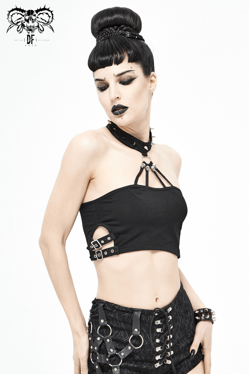 Seductive Black Crop Top with Buckles and Spikes