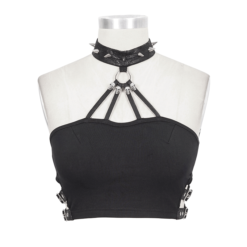 Seductive Black Crop Top with Buckles and Spikes