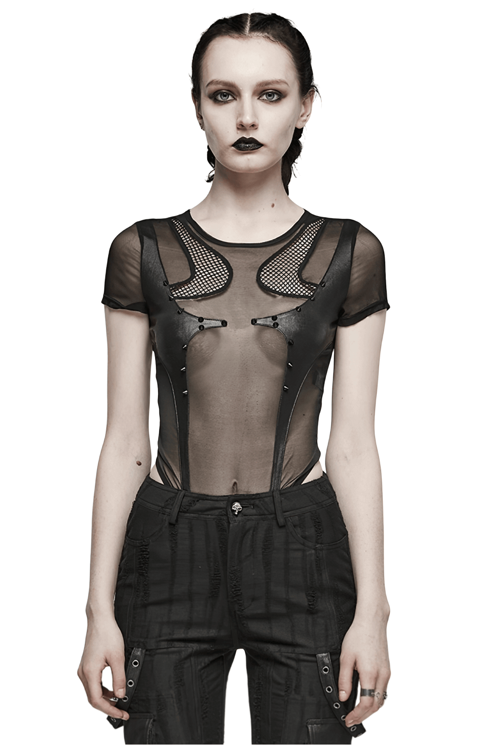 Seductive Black Sheer Mesh Bodysuit with Panel Inserts