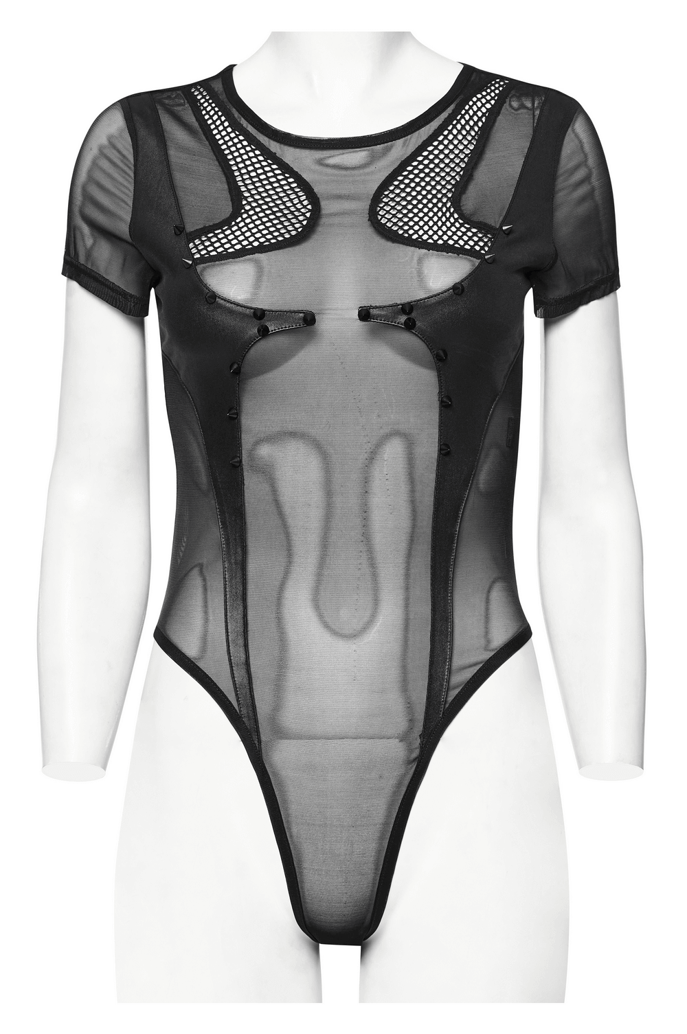 Seductive Black Sheer Mesh Bodysuit with Panel Inserts