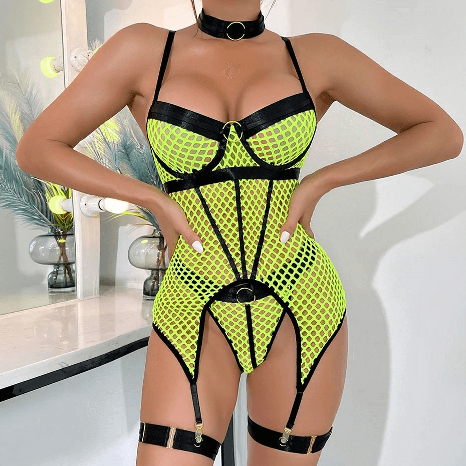 Seductive Fishnet Bodysuit Lingerie with Garters - EVE's SECRETS