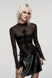 Seductive Flocked Cross Gothic Mesh Top with Edgy Vibes