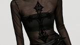 Seductive Flocked Cross Gothic Mesh Top with Edgy Vibes