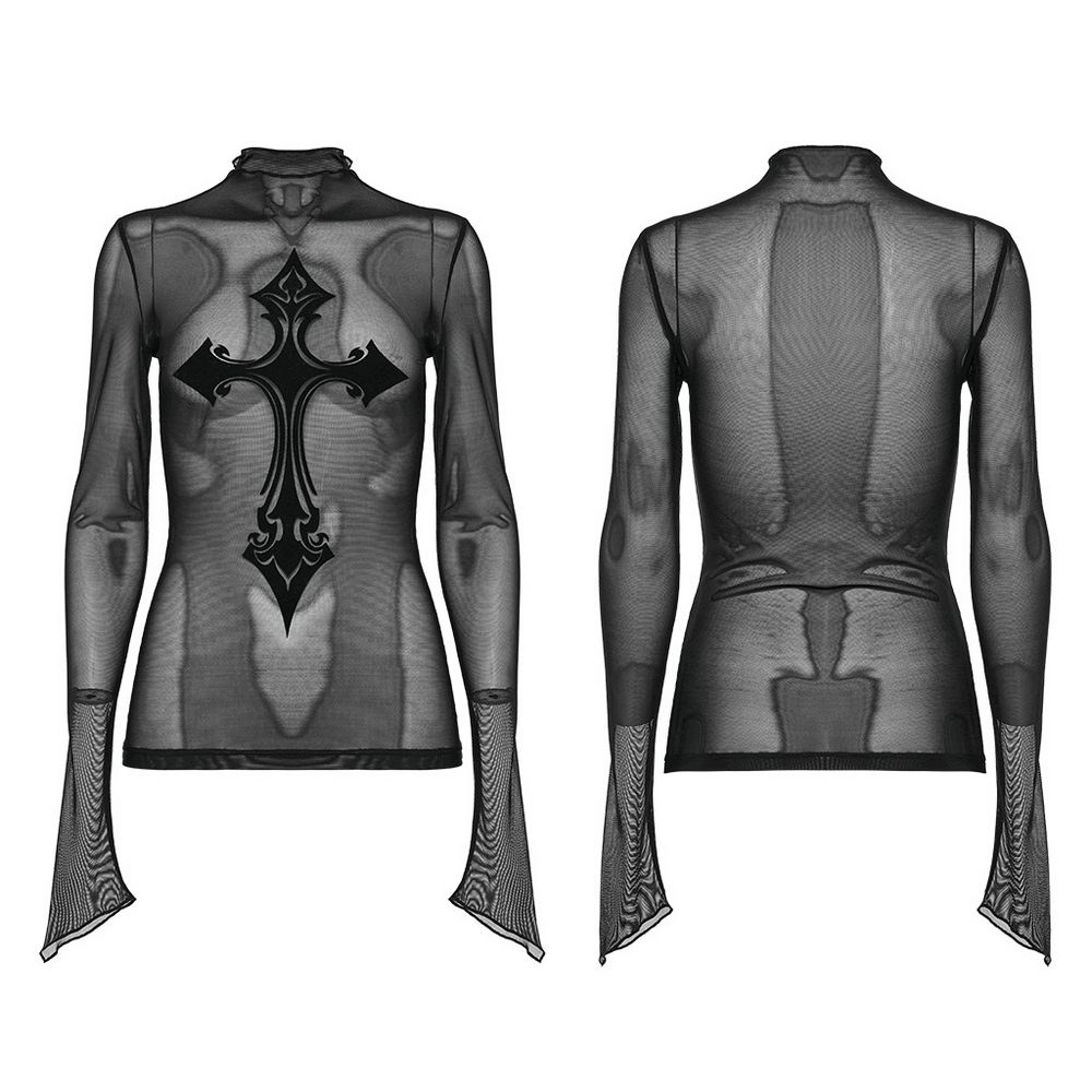 Seductive Flocked Cross Gothic Mesh Top with Edgy Vibes