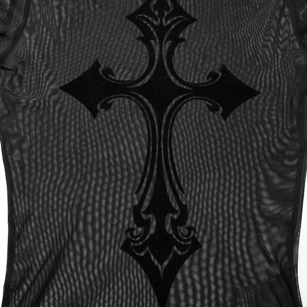 Seductive Flocked Cross Gothic Mesh Top with Edgy Vibes