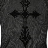 Seductive Flocked Cross Gothic Mesh Top with Edgy Vibes