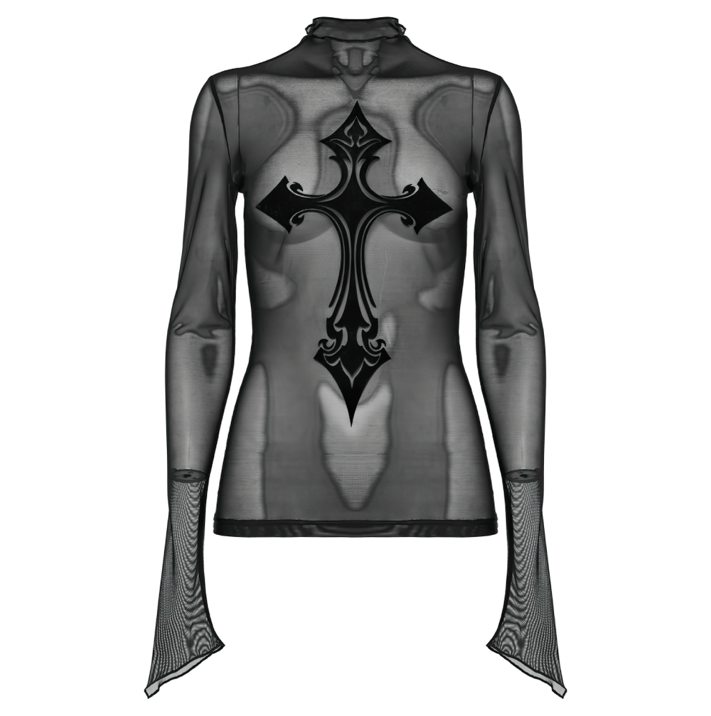 Seductive Flocked Cross Gothic Mesh Top with Edgy Vibes
