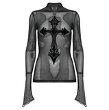 Seductive Flocked Cross Gothic Mesh Top with Edgy Vibes