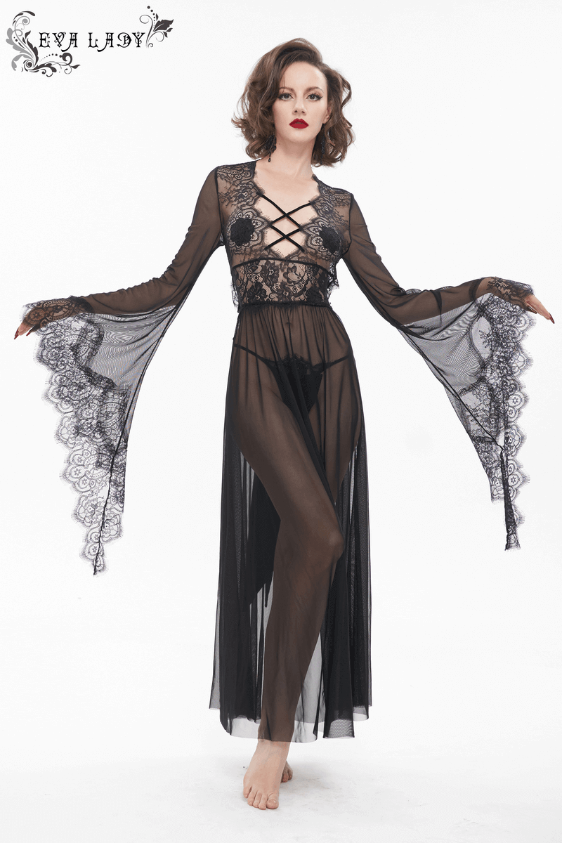 Seductive Sheer Lace Dress: Gothic Open Back with Bow
