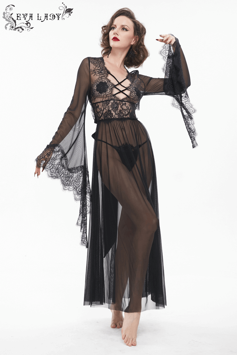 Seductive Sheer Lace Dress: Gothic Open Back with Bow