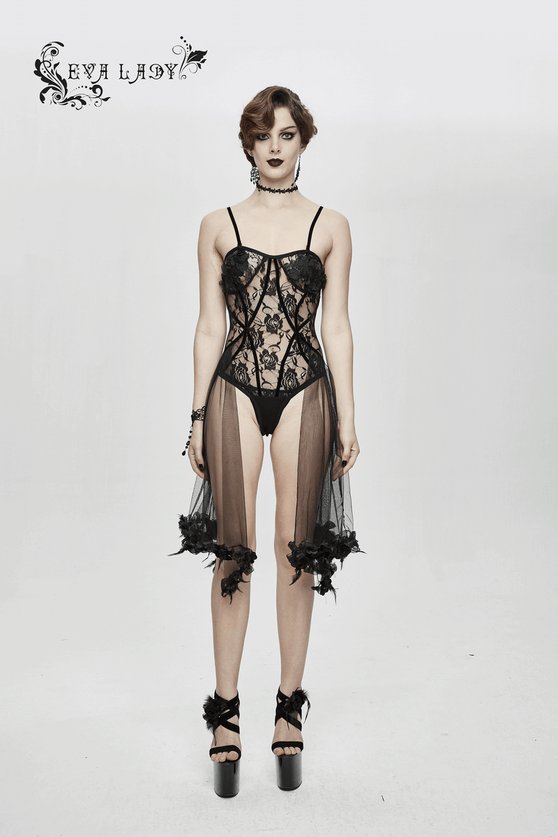 Sensual Lace Bodysuit: Gothic Style / Lace-up Elastic Back