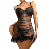 Sensual Pleated Transparent Nightdress / Sexy Ruffled Lace Babydoll / Women's Intimate Apparel