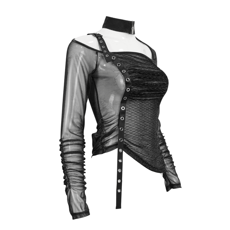 Sensual Transparent Cut-Out Top: Eyelet Webbing on Shoulder