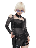 Sexy Gothic-Top mit Ausschnitten und transparentem Oberteil / modisches schwarzes Top mit Ösenband an einer Schulter