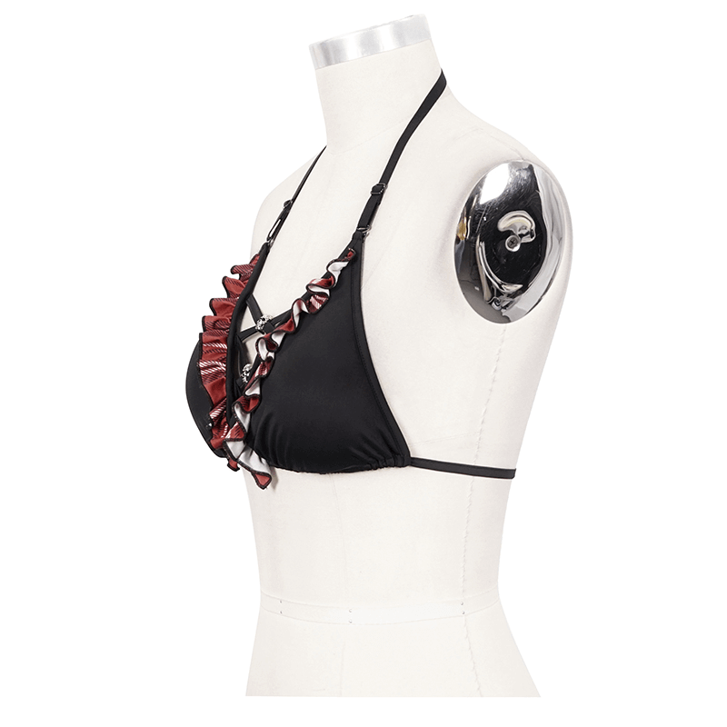 Sexy Bikini Top / Black and Red Swimsuit with Skull Pendants