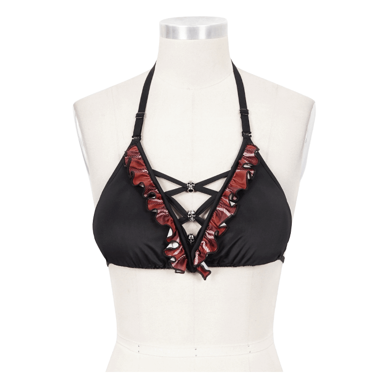 Sexy Bikini Top / Black and Red Swimsuit with Skull Pendants