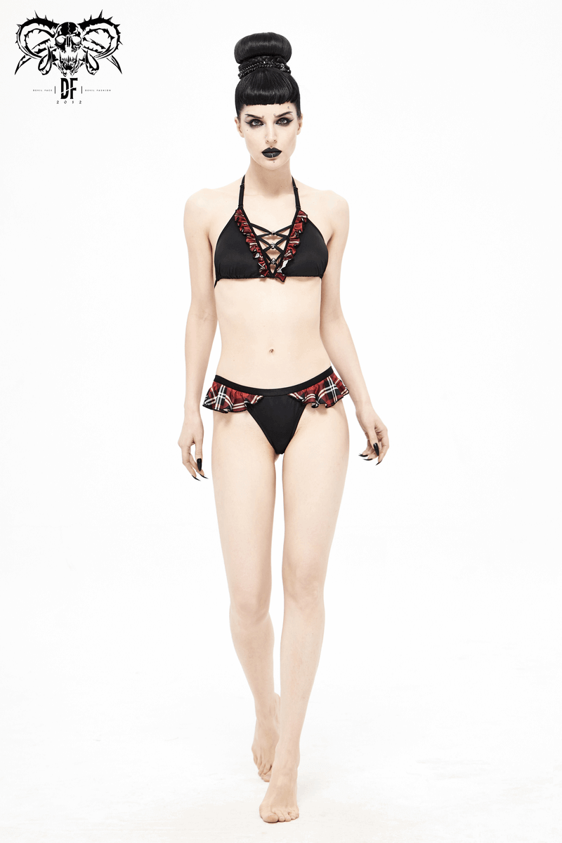 Sexy Bikini Top / Black and Red Swimsuit with Skull Pendants