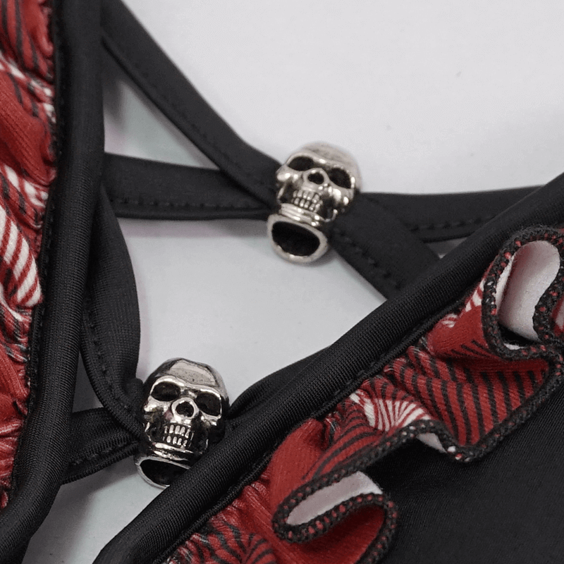 Sexy Bikini Top / Black and Red Swimsuit with Skull Pendants