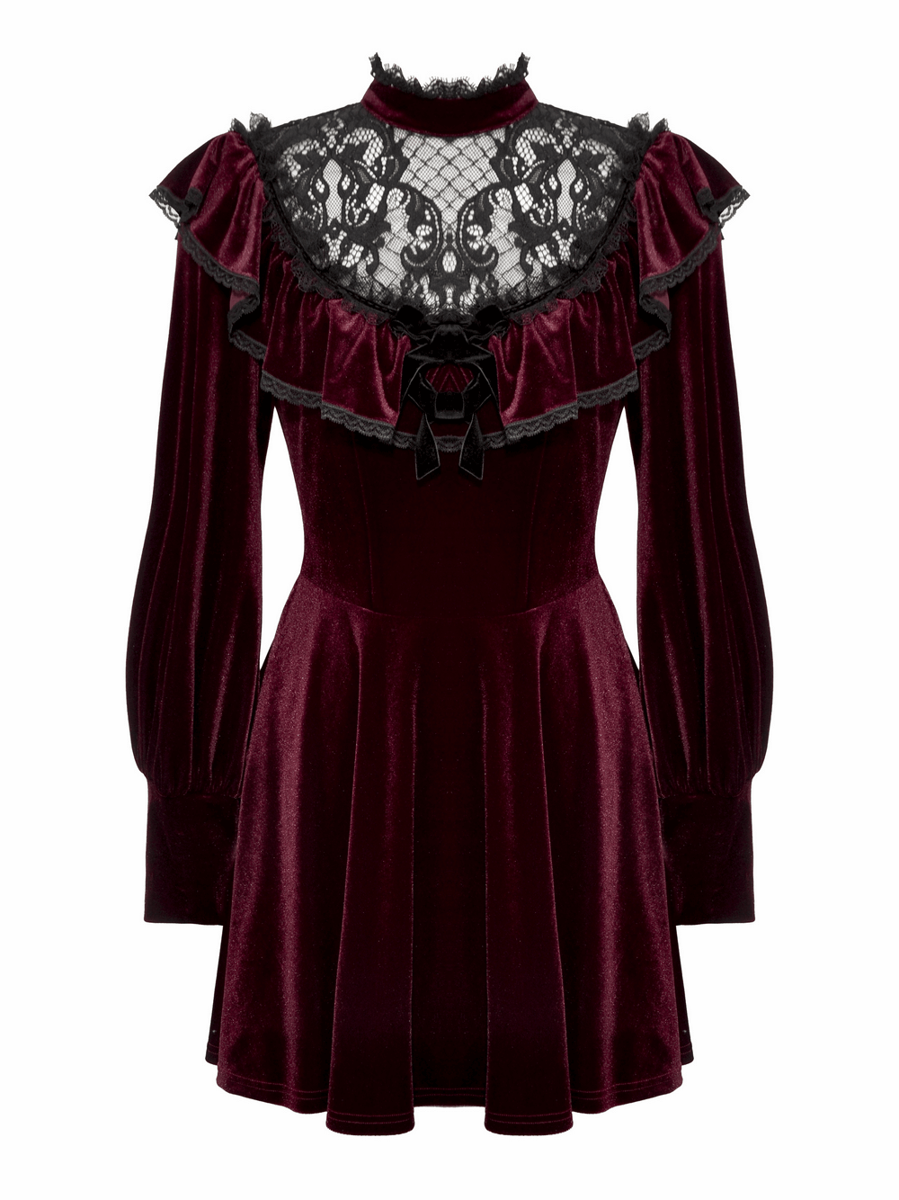 Burgundy velvet mini dress with black lace trim, ruffled details, and puffed sleeves for a gothic romantic look.
