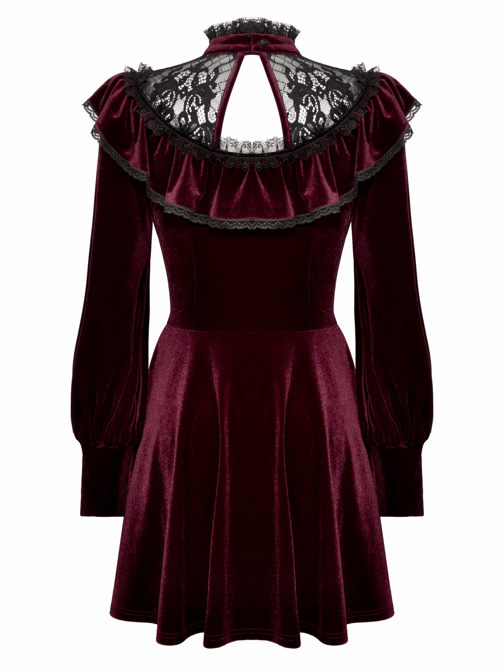 Burgundy velvet mini dress with black lace trim, ruffled details, and puffy sleeves, perfect for gothic elegance.