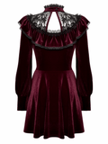 Burgundy velvet mini dress with black lace trim, ruffled details, and puffy sleeves, perfect for gothic elegance.