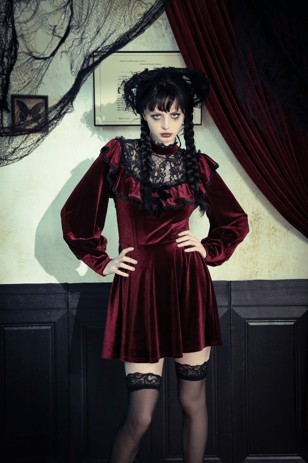 Sexy Dress with Black Lace Trim and Ruffled Details